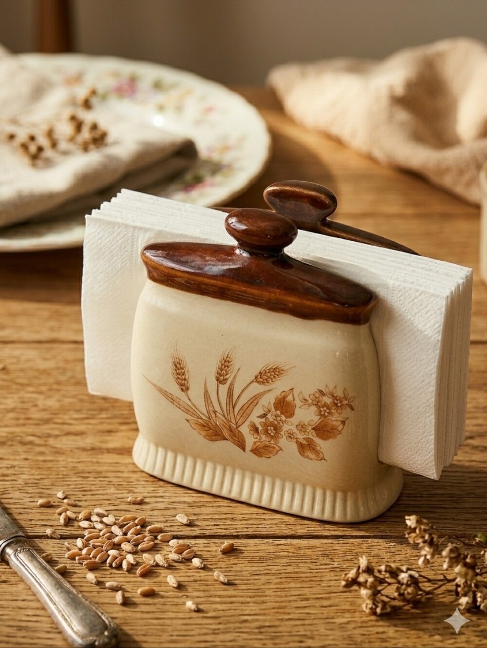 Vintage 70s Woolworth Japan Ceramic Napkin Holder Wheat Foliage Design